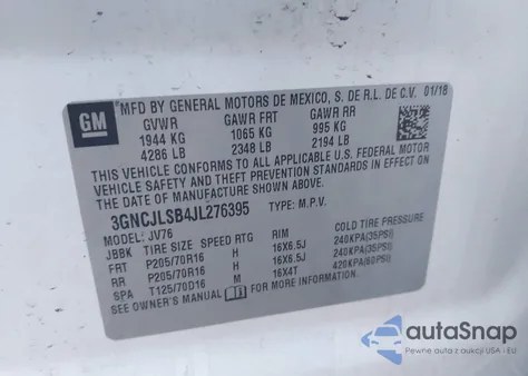 2018 Chevrolet Trax Lt from USA, damaged, VIN 3GNCJLSB4JL276395